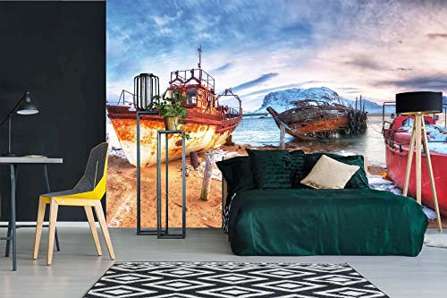 Vlies Fototapete ROSTIGE FISCHERBOOTE 375 x 250 cm (inkl. Kleister) - Vlies Tapete, Wandtapete, Wandbilder - Tapete für Wohnzimmer Schlafzimmer, Büro, Küche - Montagefertig