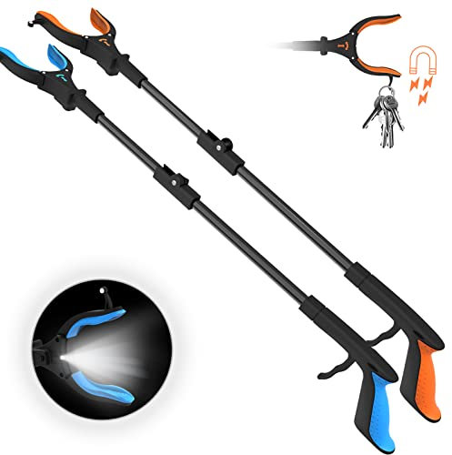 Kekoy 2 Stück Greifhilfe für Senioren, 32 Aluminium Müllzange mit Licht, Faltbare Greifer müllzange, Langer Greifarm abfallgreifer abfallzange, Greifhilfe für Menschen mit Behinderung