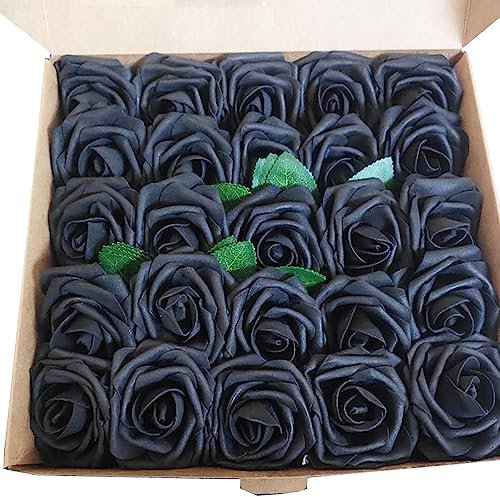 Wambere 50 Stück Künstliche Blumen Rosen Deko Blumen Fake Rosen mit Stielen Schaumrosen Foamrosen Rosenköpfe Gefälschte Kunstrose Rose DIY Hochzeit Blumensträuße Braut Zuhause Dekoration,Schwarz