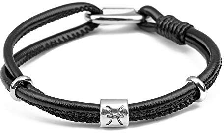 LODMLOER Herren-Sternbild-Armband,Lederarmband Für Herren,Armband Wassermann/Jungfrau/Skorpion/Waage,12 Sternzeichen-Armband,Geflochtenes Leder-Charm-Armband,Mehrschichtiges Armband,Armreif,Fische,20