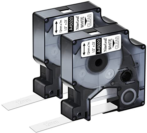 NineLeaf 2 Packung Ersatz für Dymo D1 45020 S0720600 A45020 12mm x 7m 0.47'' Bänder Weiß auf Transparent Schriftband für LabelManager 160 210D 220P 120P LabelPoint 100 150 200 250 Beschriftungsgerät