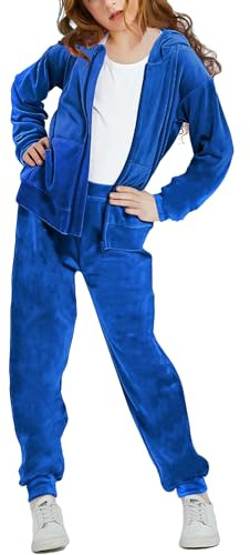 Woolicity Conjunto de sudaderas para niña de terciopelo, 2 piezas, con cremallera, sudaderas y pantalones, ropa deportiva, juego de jogging, azul oscuro, 11-12 años