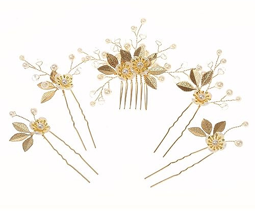 Hochzeit Haarschmuck,5 PCS Braut Haarkamm Hochzeit Haarspange Kristall Haarschmuck Blumen Gast Haarkämme Strass Brautschmuck Kopfstück Perle Braut Haarspangen Haarnadeln für Frauen Mädchen