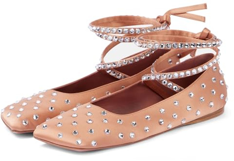 Miraazzurra Ballerinaskor för kvinnor, balett, platt remballerinaskor med strass, kvadratiska, tå, ballerinaskor för fritid, mode, ledig, affärsarbete, Beige, 39 EU