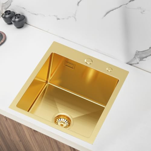 VELAZO. Spülbecken Edelstahl 40x50 cm Gold – Einbauspüle Einzelbecken mit PVD-Beschichtung, 21 cm Tiefe, inkl. Ablaufgarnitur & Überlauf – Küchenspüle Aufsatzmontage