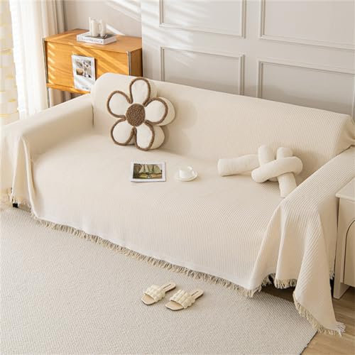 Waffel Sofa Überwurfdecke Große 1 2 3 4 Sitzer Sofaüberwurf Mit Deko Quasten, Moderne Einfache Solide Farbe Wohnzimmer Wohndecke Sofadecke Rutschfeste Couch Überwürf Tagesdecke (Beige,90x210cm)