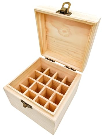 Anktily Unlackierte Aufbewahrungsbox aus Holz mit 16 Fächern, 11,5 x 11,5 x 9,5 cm, unlackierte Holzkiste mit Verschluss, für kleine Andenken, Schmuck, Teebeutelhalter