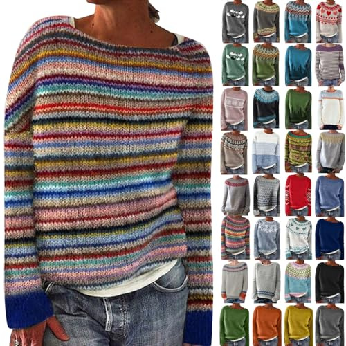 SCBFDI Norweger Pullover Damen, Fair Isle Pullover Damen Elegant Rundhals Pullover Basic Langarmshirt Bunte Strickpullover Casual mit Aufdruck GroßE GrößEn Warm Winter Jumpers