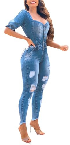 Border Damen-Overall mit Rüschen Puffärmeln, modisch, lässig, sexy, Denim-Spray, weiß, zerrissen Arbeitsoverall Rot Jogginganzug Set