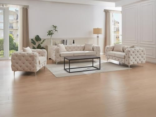 Vente-unique - 3-Sitzer, 2-Sitzer und Chesterfield-Sessel aus Velours, Beige, Edwina