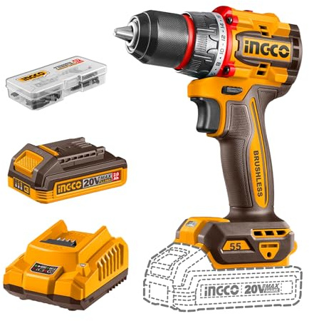INGCO Trapano senza spazzole senza fili da 20 V 55 NM, 2 velocità di aggiustamento 500/2000 giri/min, mandrino in metallo da 13 mm, impostazioni di coppia 22+1, luce da lavoro a LED, trapano elettrico