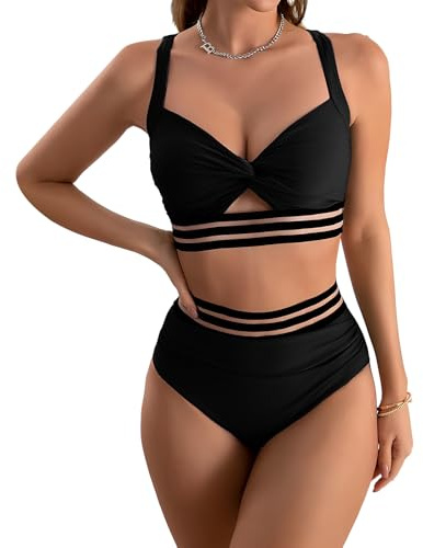 Anseom Bikini Damen Bauchweg, Bademode Hohe Taille Bikinis für Frauen High Waist Badeanzüge V Ausschnitt Damen Bikini Set mit Mesh (DE/NL/SE/PL, Alphanumerisch, S, Regular, Regular, Schwarz)