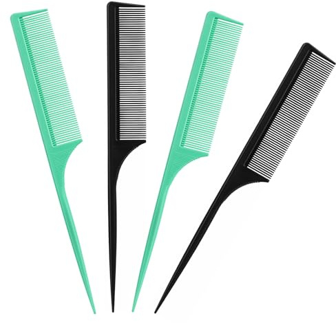 Oranllow 4Pcs Rat Tail Combs for Women - Fine Tooth Anti-Static Carbon Fiber Parting & Styling Combs (Green, Black) (Black and Green)