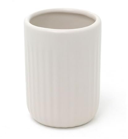 Carousel Home White Ceramic Toothbrush Holder | Bathroom Caddy Ribbed Toothbrush Pot | Bathroom Tumbler Storage Cup - 11cm