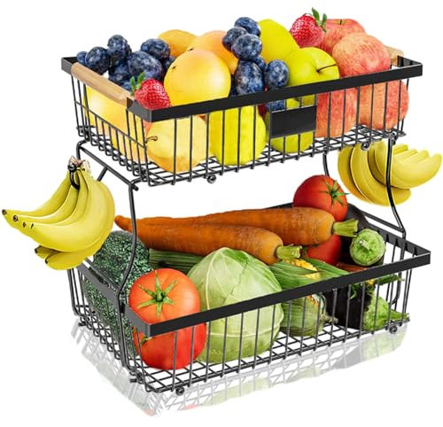 Exquilnova 2 Tier Fruit Basket with Handle,Black Stair Basket with Banana Hook for Kitchen,Detachable Metal Fruit Bowl for Fruits,Vegetables,Snacks,Breads,Spice Bottles Storage(2 Tier)