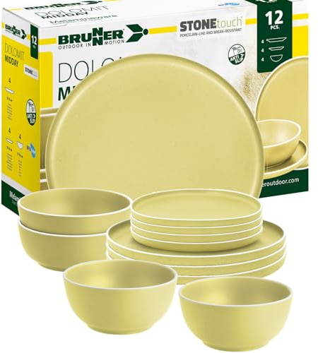 BRUNNER Camping-Geschirr-Set (12 16 oder 36-teilig) DOLOMIT Gelb | Antislip (Antirutsch), 2-4 Personen, wie Steingut (StoneTouch), Bruchfest, Teller & Schüsseln, Wohnmobil Wohnwagen Boot