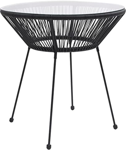 WKIEQACO Garten-Esstisch, schwarz, Ø70 x 74 cm, Rattan und Glas, für den Außenbereich