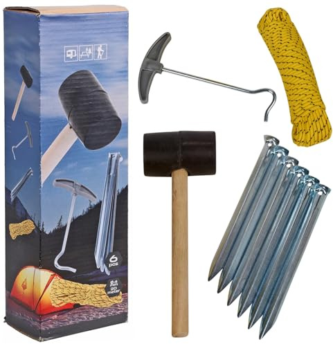 URBNLIVING 9pc Heavy-Duty Camping Tent Peg Set with Rubber Mallet, Peg Puller & 15m High-Visibility Rope - Includes 6 Steel Stakes for Tents, Awnings, Tarps, Gazebos - Durable Outdoor Setup Kit