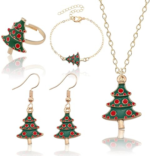 PIujsym 4-teiliges Weihnachts Schmuckset Damen – Weihnachtskette, ohrringe weihnachten, Ring & Armband mit Tannenbaum Motiv – Weihnachtsschmuck Damen Geschenkidee – Weihnachtsoutfit Accessoires