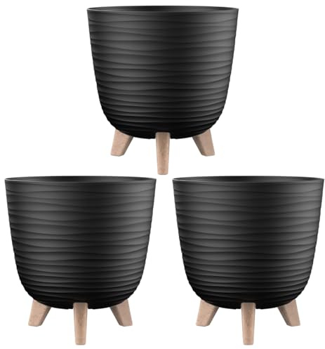 Engelland - 3 x Blumentopf mit Füßen & Bewässerungssystem, Schwarz, Ø 20 cm, Pflanzkübel, Übertopf, Wellenmuster, Innen- & Außenbereich, Drainagesystem & Wasserspeicher, rund, Kunststoff