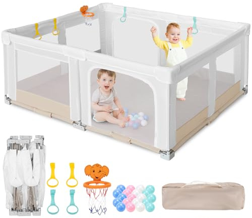 Großer und Faltbarer Laufstall für Baby: 180 x 150 x 75 cm Playpen,für Drinnen und Draußen,mit 20 Bällen,1 Basketballkorb,4 Griffen und 1 Reisetasche – Idealer Spielbereich für Kinder