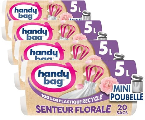 Handy Bag - Sacs poubelle salle de bains à poignées coulissantes senteur florale 5L x 20 sacs - Spécial mini poubelles - Étanchéité maximale - Fond anti-fuite - 100% plastique recyclé (Lot de 4)
