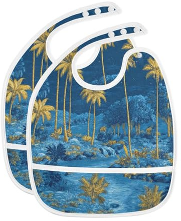 Caikeny Baby Feeding Bibs Blue Yellow Palm Trees Stars Infant Drooling Bibs Food Bibs with Pocket for Toddler Girls Boys Set of 2