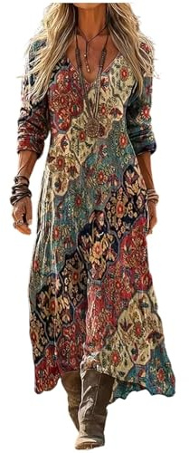 Abito Maxi Donna Boho Chic Estivo Vestito Lungo Elegante Lino e Cotone Scollo a V Manica 3/4 Vintage Etnico con Tasche Mare Spiaggia Vacanza Taglie Forti Curvy Comodo Moda 2026