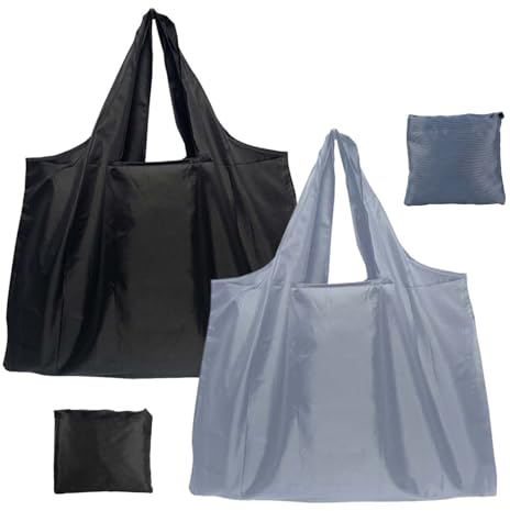Solvio Large Reusable Shopping Bags Foldable 2 Pack, Waterproof Tote Bag with Compact Pouch, Lightweight Washable Grocery Bags for Daily Use Travel and Picnic