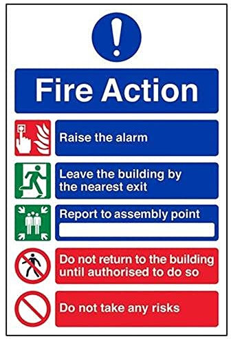 V Safety General Fire Action 5 Message Risks Sign - Portrait - 200mm x 300mm - Self Adhesive Vinyl