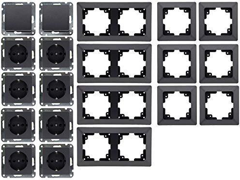 MILOS Steckdosen Schalter Komplettset 20 Teile 230V Steckdose Schalter Wand Abdeckung Unterputz Einbau Anthrazit