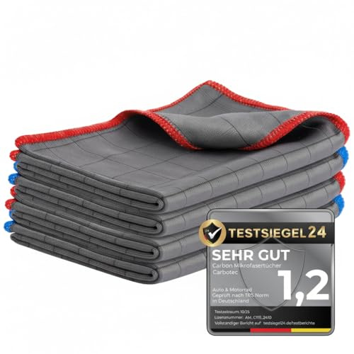 CARBOTEC® 4X Premium Carbon Mikrofaser Glastücher - Professionelle Reinigung fusselfrei & streifenfrei für Glas/Spiegel/Fenster/Autoscheibe - Mikrofasertücher/Waffeltuch mit Carbonfaser (Tuch 400gsm2)