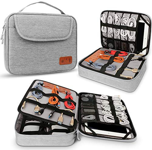HOLIMET Cable Organiser Bag,Electronic Accessories Bag Double Layer for Travel Waterproof Cord Storage Organizer Bag for iPad, Kindle, Hard Drives, Cables, Chargers,Power Bank and More(Grey)