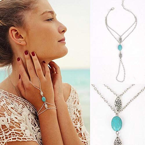 TseenYi Türkisfarbenes Fingerketten-Armband, Silber-Fingerarmband, Boho-Handkette, Schmuck für Frauen und Mädchen, 7.8 inches, Stein