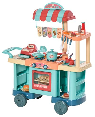 HOMCOM Cucina Giocattolo Per Bambini 3-6 Anni, Caffetteria Ristorante con 50 Accessori Inclusi, 79.5 x 33 x 90.5cm