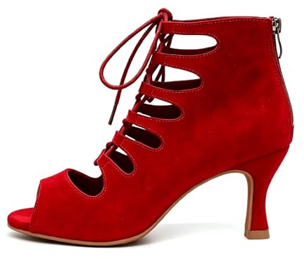 RUYBOZRY Botas de Baile Latino Mujer Botines Punta Abierta con Cordones Zapatos de Baile de Salon,YCL456-Rojo-6,EU37