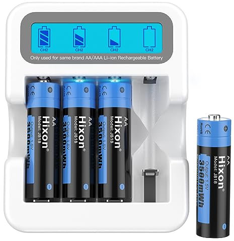 Hixon Wiederaufladbare 1,5V AA Lithium Akku, 3500 mWh mit 1600 Langen Zyklen, 2,0 Stunden Schnellladung, 4 Stück Lithium 1,5V AA Akku und Weißem Smart LCD-Display Ladegerät
