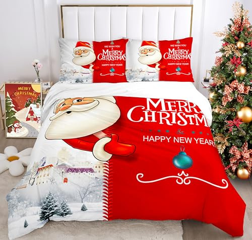 IUNTWEIE Copripiumino matrimoniale natalizio, copripiumino rosso con Babbo Natale e alce, decorazione natalizia, morbido set di biancheria da letto con zip (B, 220x240cm)