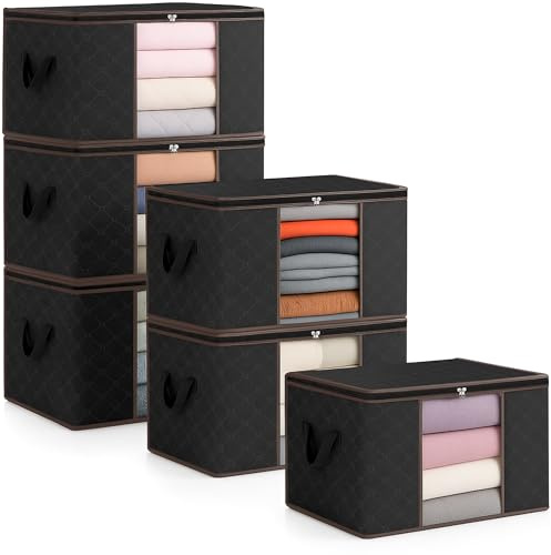 unycos - 6 Pezzi | Scatole per Vestiti 90L, Tessuto con Finestra Trasparente 60x43x35cm, Scatole/Borsa Pieghevoli, Organizzatore Sotto il Letto per Piumini, Asciugamani, Cuscini (Nero/Marrone)