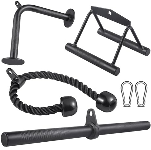 SERTT Workout Cable Machine Attachment for Home Gym, LAT Pulldown Attachments, Cable Accessories for Weight Training, Straight Pull Down Bar, Tricep Rope, Double D Row Handle, V-Shaped Bar