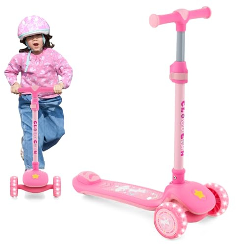 COSTWAY Monopattino Bambini 3-5 Anni, Monopattino 3 Ruote per Bambini Pieghevole con Piano Largo, Ruote LED Luminose in PU, Freno Posteriore ed Inclinazione per Sterzare e Manubrio Regolabile (Rosa)