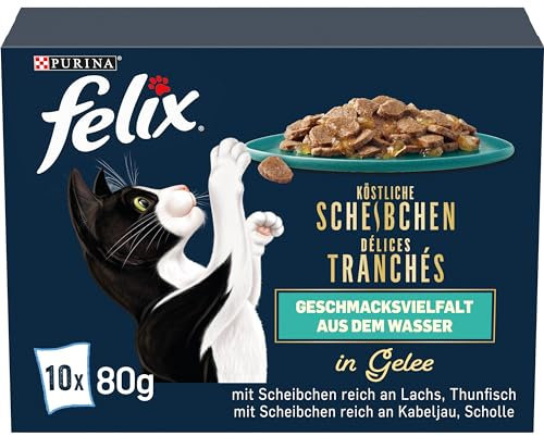 Felix Köstliche Scheibchen Katzenfutter nass in Gelee, Geschmacksvielfalt aus dem Wasser, 6er Pack (6 x 10 Beutel à 80g)