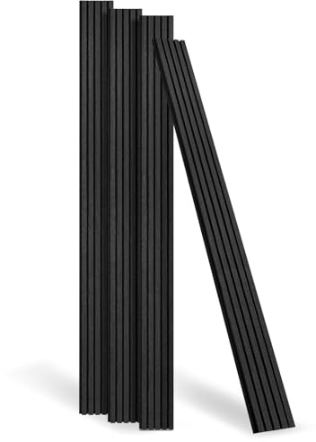 DOLLAR BOSS Wood Panels for Walls, Acoustic Wall Panels 240x20cm 4 Pack | Sound Absorbing Wooden Slats, Decorative 3D Wall Panels, Modern Wall Decor for Office, Bedroom, Kitchen, Black