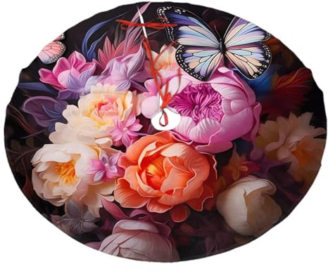 Faldón de árbol para decoración de eventos festivos, mariposas y arbustos frescos, árbol de Navidad debajo de la falda, 36 pulgadas de diámetro
