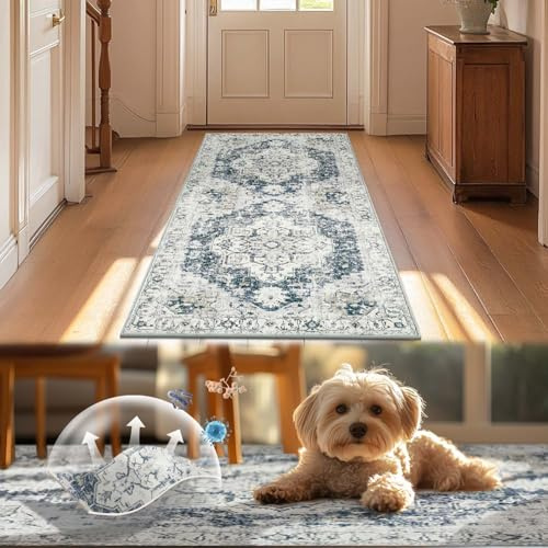 TOPICK Runner Rug 60x180cm Hallway Runner Entrance Washable Soft Vintage Grey Rug Thin Non Slip Carpet for Kitchen Bathroom Bedroom