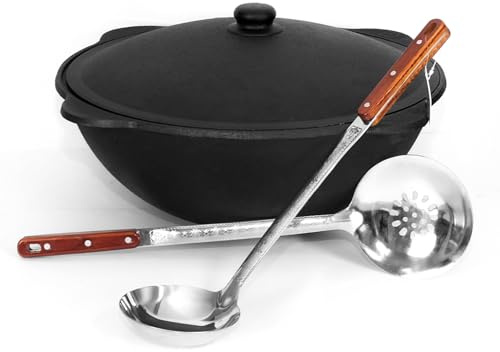 Kazan Gusseisen Ø 46,6 cm 16L mit Aluminiumdeckel, Schaumlöffel 48 cm Schöpfkelle 48 cm Uzbekistan Kochtopf hochwertiger Kazan 16l Gusseisen mit aluminium Deckel 44⌀