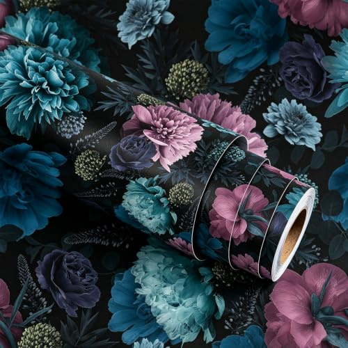 Stickyart Selbstklebende Tapete Blumen Blau&Lila Wandtapete Blumentapete 44.5cmX200cm Wandfolie Wandtapete Klebetapete Selbstklebend Wand Wasserfeste Schrankfolien Möbelfolie Klebefolie Möbel
