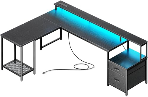 PRAISUN 66 L Shaped Gaming Desk with LED Lights & Power Outlets, Computer Desk with Fabric Drawers and Print Stand, Corner Office Desk, Monitor Stand, Mesh CPU Stand, Black