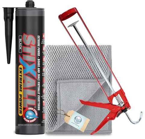 Stixall Extreme Power Sealant And Adhesive Black 290ml, Pro Dec Skeleton Caulking Gun & Microfibre Cloth – Black Silicone Sealer Waterproof, Floor and Sealer, CT1 Adhesive, Outdoor Sealant