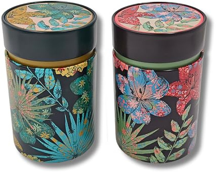 MediMuc Dose Rustic Flower je 150g - 2er Set - mit floralen Motiven aufwendig lackiert, Drehverschluss - Vorratsdose, Kaffee- Teedose lebensmittelecht - Ø 7,5cm Höhe 11,5cm